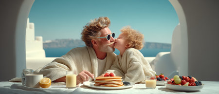 Grandparent and child sharing tender kiss over breakfast pancakes on sunny seaside terrace, joyful family momentの素材