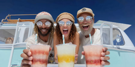 Young friends holding frozen drinks by vintage van, smiling under blue sky with sunglasses and straw hats, joyful summer road trip vibeの素材