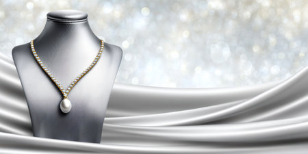 Pearl pendant necklace on bust with sparkling background, elegant jewel display evoking luxury and celebrationの素材