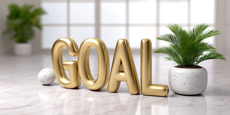 Gold goal letters on marble desk with plant setting and modern minimal interior bringing focused motivation and calm goal setting atmosphereの素材