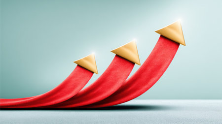 Smart business upward growth arrow formed from red fabric and gold tip showing dynamic success and teamwork in abstract modern conceptの素材