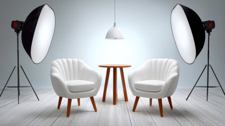 Smart business interview set with two modern white armchair and wooden table under pendant light creating inviting professional atmosphereの素材