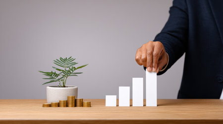 Smart business growth concept with hand arranging rising bar chart near plant and stacked coins conveying investment and sustainabilityの素材
