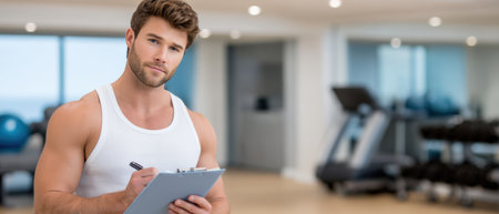 Fit muscular man in tank top holding clipboard in gym creating smart business training plan with focused expressionの素材