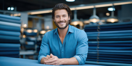 Smart business man in blue shirt smiling in textile warehouse with rolls of fabric creating productive atmosphere and confident expressionの素材