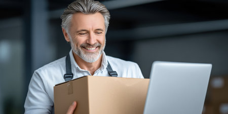 Smiling mature man holding cardboard box in warehouse using laptop smart business courier smiling with confident friendly expressionの素材