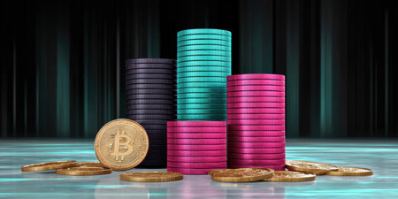 Colorful coin stacks with bitcoin token and neon reflection investment concept showing growth and digital currency optimismの素材