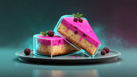 Vibrant berry cheesecake dessert with pink glaze and fresh berries on plate evoking indulgence and investment in culinary creativityの素材