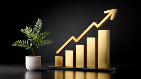 Golden bar chart with upward arrow and potted plant symbolizing sustainable investment growth and positive financial progressの素材