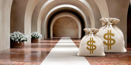 Luxury hallway investment concept money bag on marble floor elegant archway floral pot arrangement peaceful atmosphereの素材