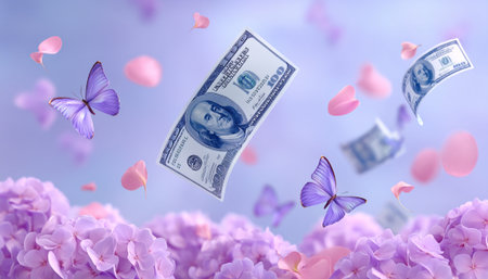 Flying hundred dollar bills among purple butterflies and pink petals over hydrangea blooms, dreamy pastel scene with whimsical motionの素材