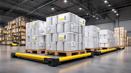 Modern warehouse logistics storage solutions pallet stacked containers wooden pallet automated guided vehicle system industrial interior brightの素材
