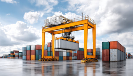 Logistics storage solutions container yard with gantry crane lifting cargo container cloudy sky efficient freight handling serene industrial sceneの素材