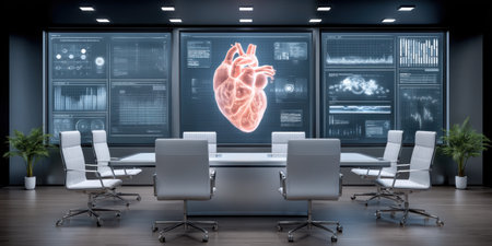 Medical conference room with large display showing detailed human heart and data charts combining clinical research healthcare innovationの素材