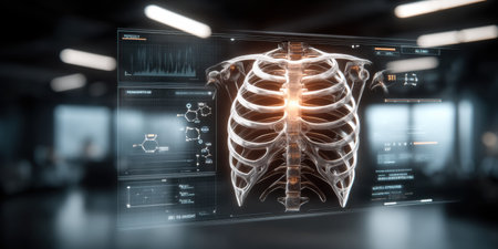 Futuristic healthcare chest ribcage scan medical display hologram showing anatomy data and diagnostic interface with glowing spineの素材