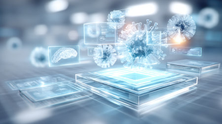 Computer chip healthcare virus hologram futuristic medical technology data visualization laboratory researchの素材
