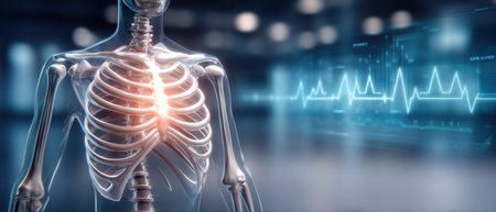 Transparent human skeleton chest with glowing heart area and healthcare digital heartbeat monitor clinical environment showing medical anatomyの素材