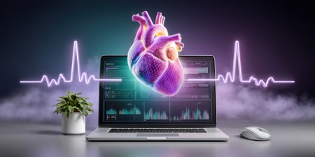 Virtual 3D heart hologram over laptop with ECG waveform promoting healthcare innovation and remote cardiac monitoring and data visualizationの素材