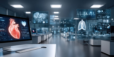 Medical research laboratory with digital health dashboards healthcare innovation collaborative diagnostics futuristic monitorsの素材