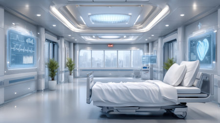 Futuristic hospital room healthcare modern bed sterile monitor cityview bright comfortable calmの素材