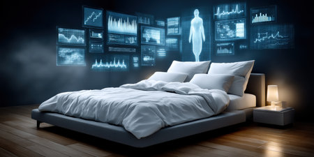 Smart bedroom monitoring health sleep sensor bedside futuristic medical data display healthcareの素材