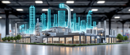 High tech industrial factory model with holographic city visualization and futuristic pipes creating innovative energy atmosphereの素材