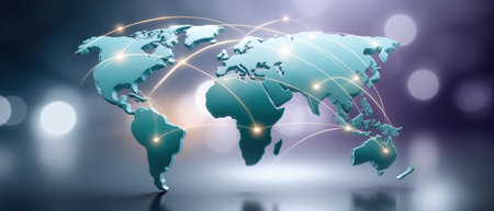 High tech global network industrial connectivity map showing data links and glowing nodes across continents conveying fast digital communicationの素材