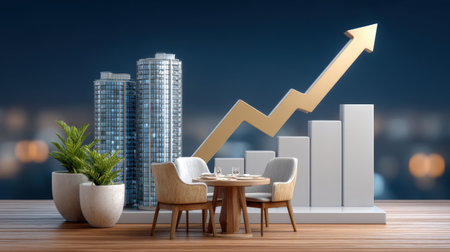 Luxury dining setting with miniature skyscraper model and rising chart illustrating real estate trends and modern investment optimismの素材