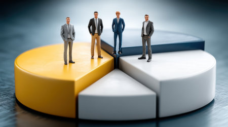Four business people stand pie chart illustrating real estate trends and market share with confident professional posture and modern minimal styleの素材