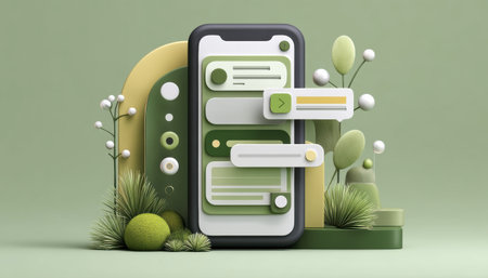 Modern smartphone interface with green chat widgets balanced among minimalist plants real estate trends inspire serene digital communicationの素材