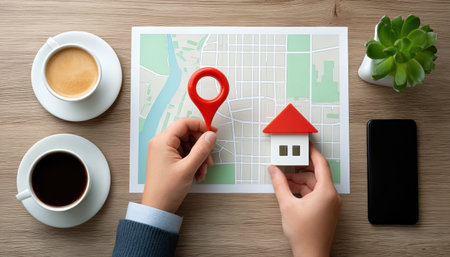 Real estate trends map marker and small house on city map showing property search excitement and opportunityの素材