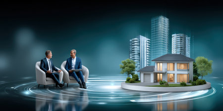 Modern real estate trends showcase agents discussing residential property and urban development with model house and skyscraper concept futuristicの素材