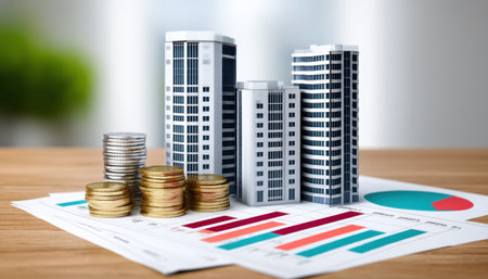 Modern real estate trends show investment growth with stacked coins and model buildings on financial charts evoking optimism and market analysisの素材