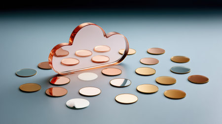 Cloud cybersecurity concept with reflective glass cloud and scattered metallic coins suggesting secure cloud storage and digital financeの素材