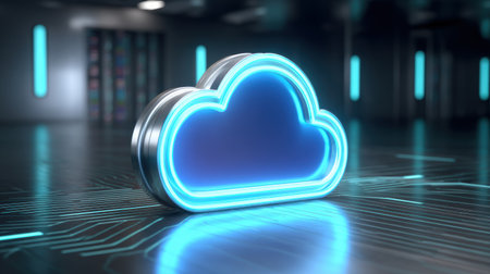 Neon cloud cybersecurity cloud storage glowing blue server room futuristic data center secure networkingの素材