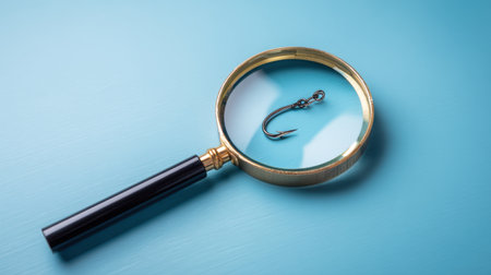 Magnifying glass fishing hook phishing concept magnifier hook investigation scam cybersecurity blueの素材