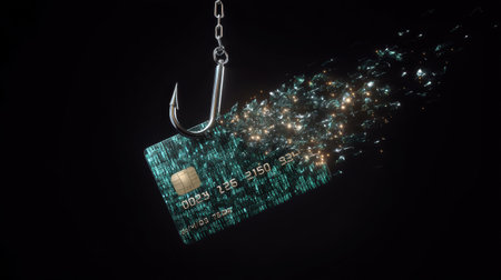 Phishing concept credit card on hook digital fraud visualization warning sparklesの素材