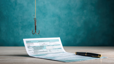 Phishing concept hook over document on desk with pen conveying cyber threat and financial risk in office sceneの素材