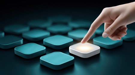 Finger touching glowing square button phishing concept illustrating cyber threat and decision makingの素材