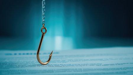 Phishing concept hook fishing hook metal hook chain document cybercrime scam deception blue background shallow depth of fieldの素材