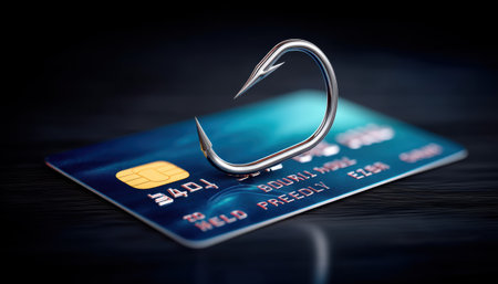 Phishing concept credit card threat hook security online fraud financial theft risk anxietyの素材