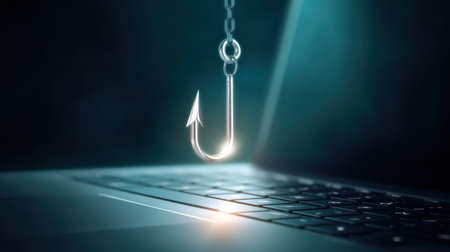 Phishing concept hook over laptop keyboard symbolizing cyberattack and online fraud threat in dark environment conveying urgency and cautionの素材