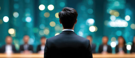Young businessman presentation phishing concept confident speaker facing panel of executives at night city boardroomの素材