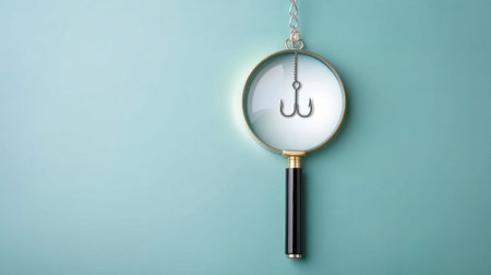 Phishing concept magnifying glass hook investigation security scam detection risk prevention awarenessの素材