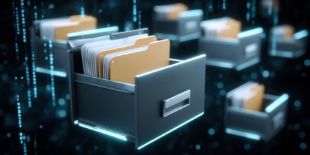 Digital file cabinet with organized folder cards glowing in data stream, efficient secure storage concept evoking trust and clarityの素材