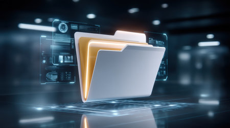 Futuristic glowing folder floating above digital interface conveying secure data storage and modern file management with sleek holographic panelsの素材
