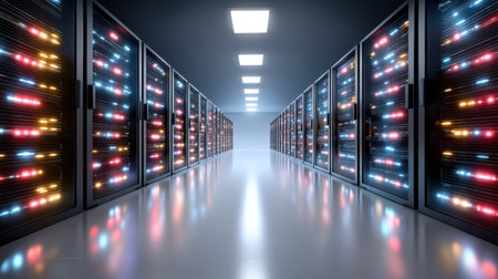 High tech data center corridor with illuminated server racks and reflective floor, sleek cool lighting creating futuristic atmosphereの素材