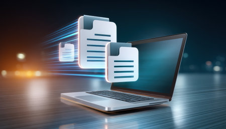 Fast digital file transfer between laptop and cloud folders, glowing data movement and technology connection in motionの素材