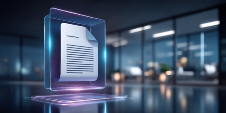 Futuristic glowing holographic document icon floating above reflective surface in modern office, sleek cool lighting and technological moodの素材