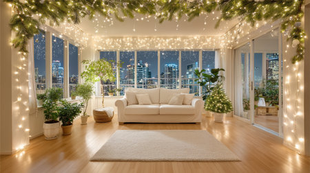 Cozy living room with festive lights and city skyline view, warm inviting atmosphereの素材